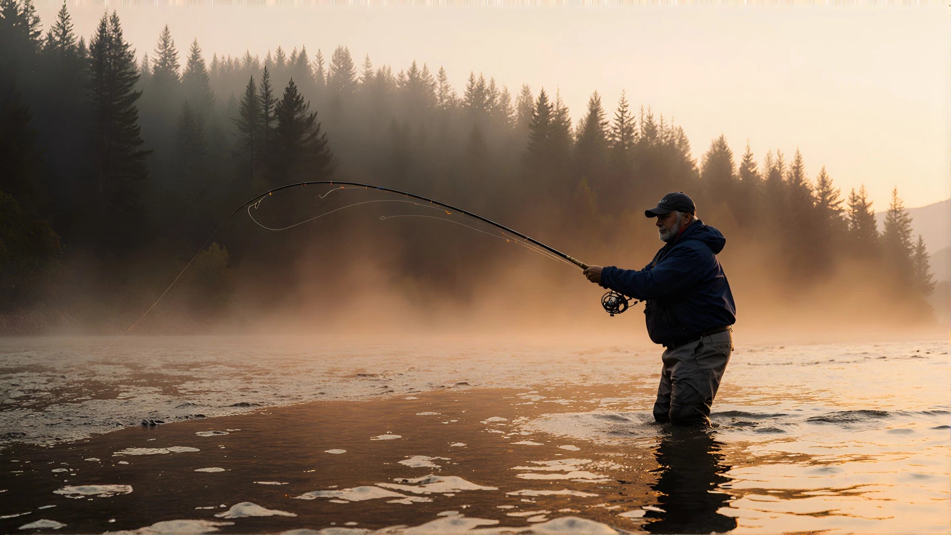 Angler mid-cast on a misty river at golden hour