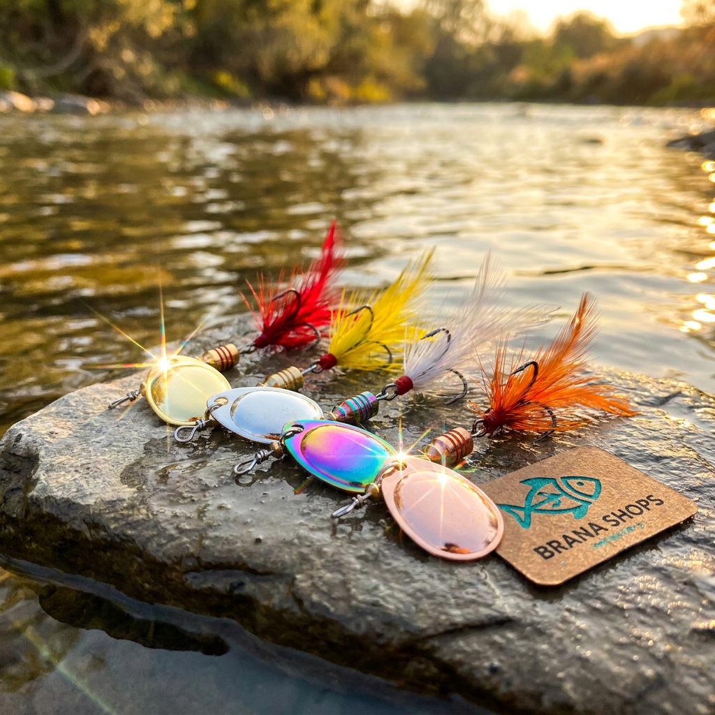 Brana Shops Spinning Sequin Lures — lifestyle mockup on river rock