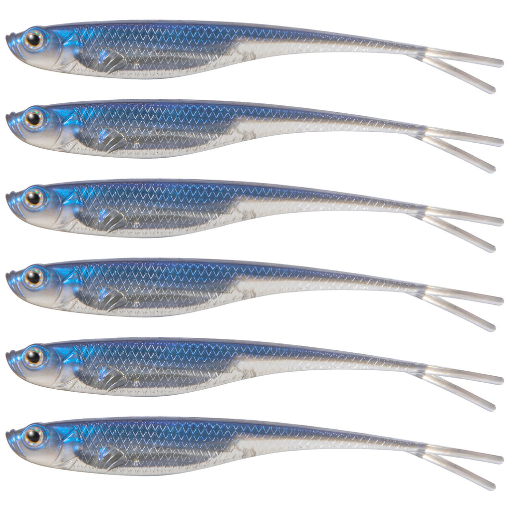 Blue weedless worm lures, six-pack flat lay