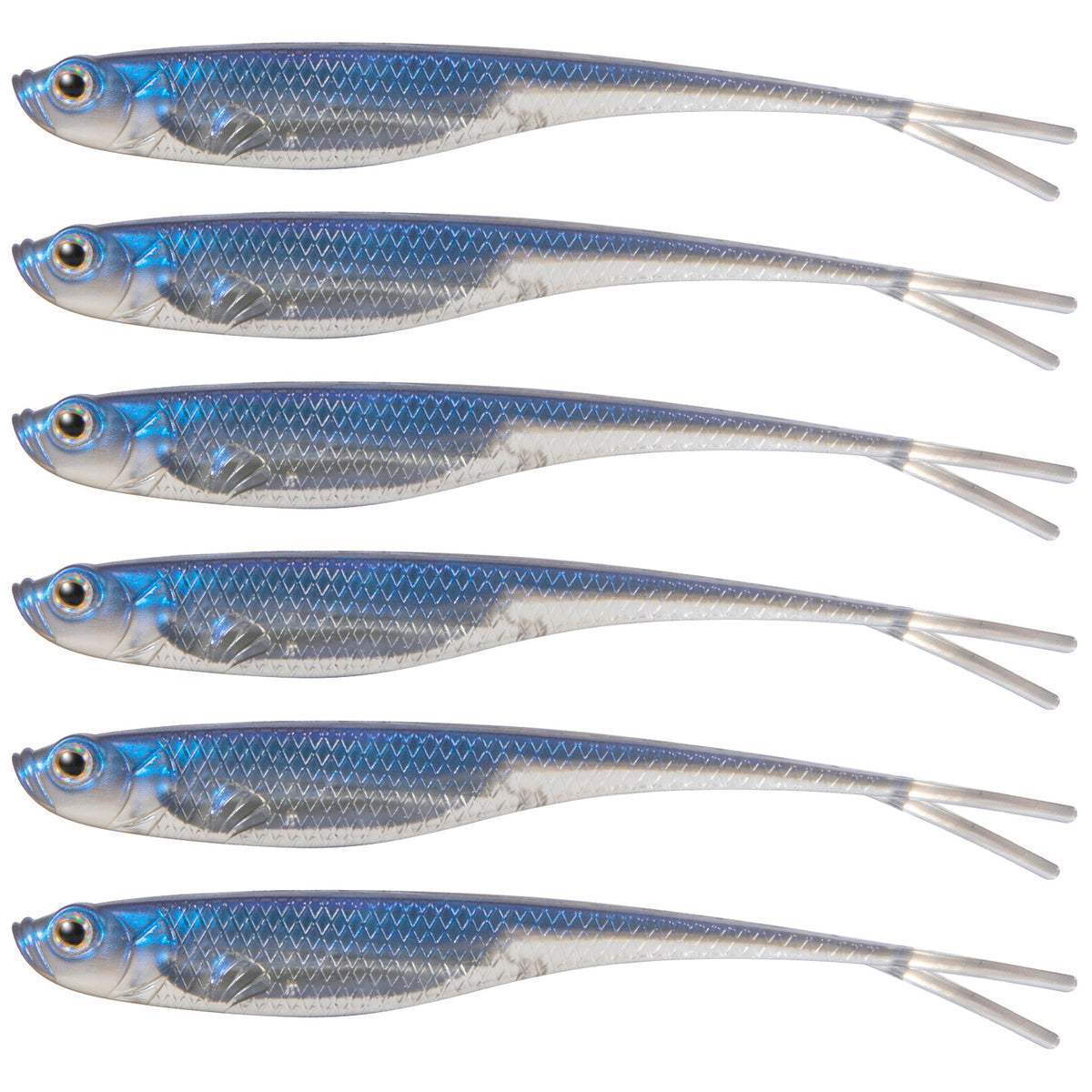 Blue weedless worm lures, six-pack flat lay