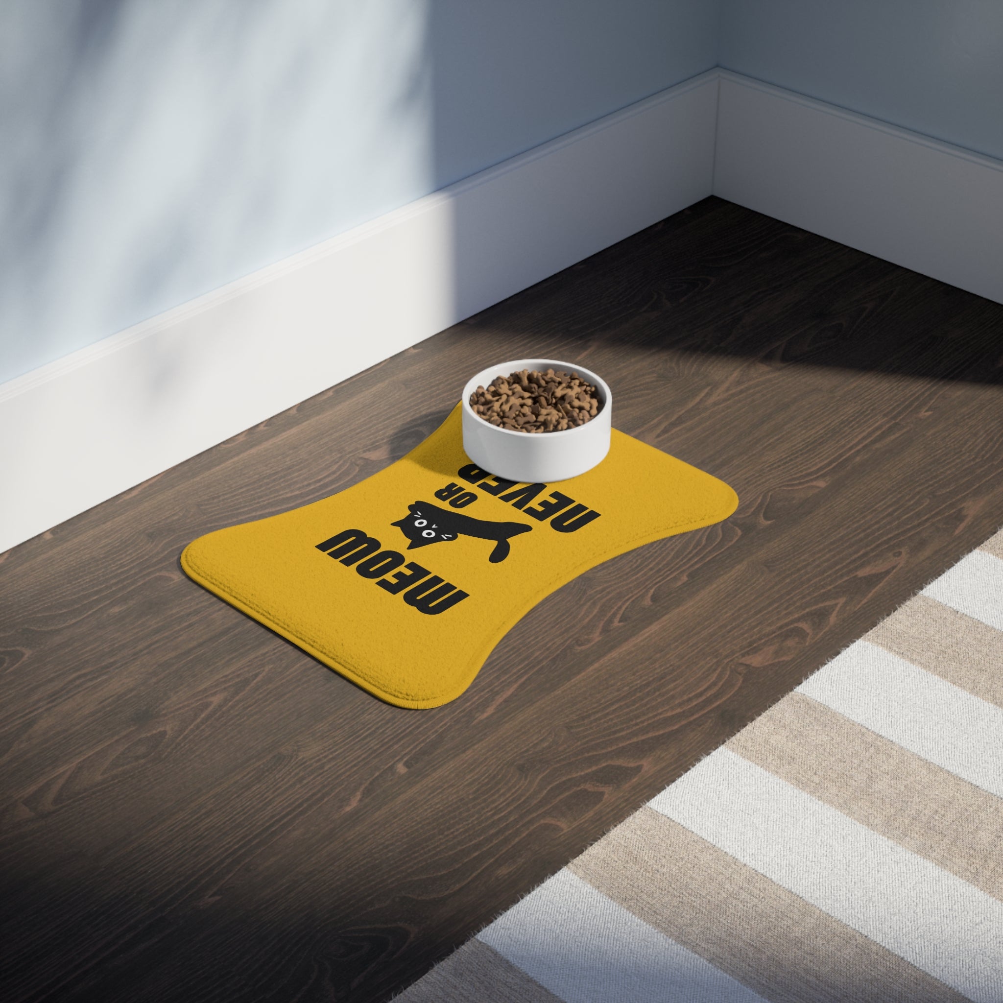 Funny Pet Feeding Mat - 'Meow or Never' - Vibrant Yellow