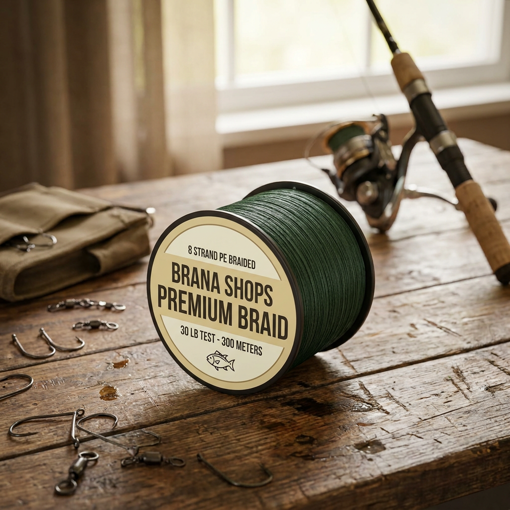Brana Shops PE Braided Fishing Line — lifestyle mockup on tackle table