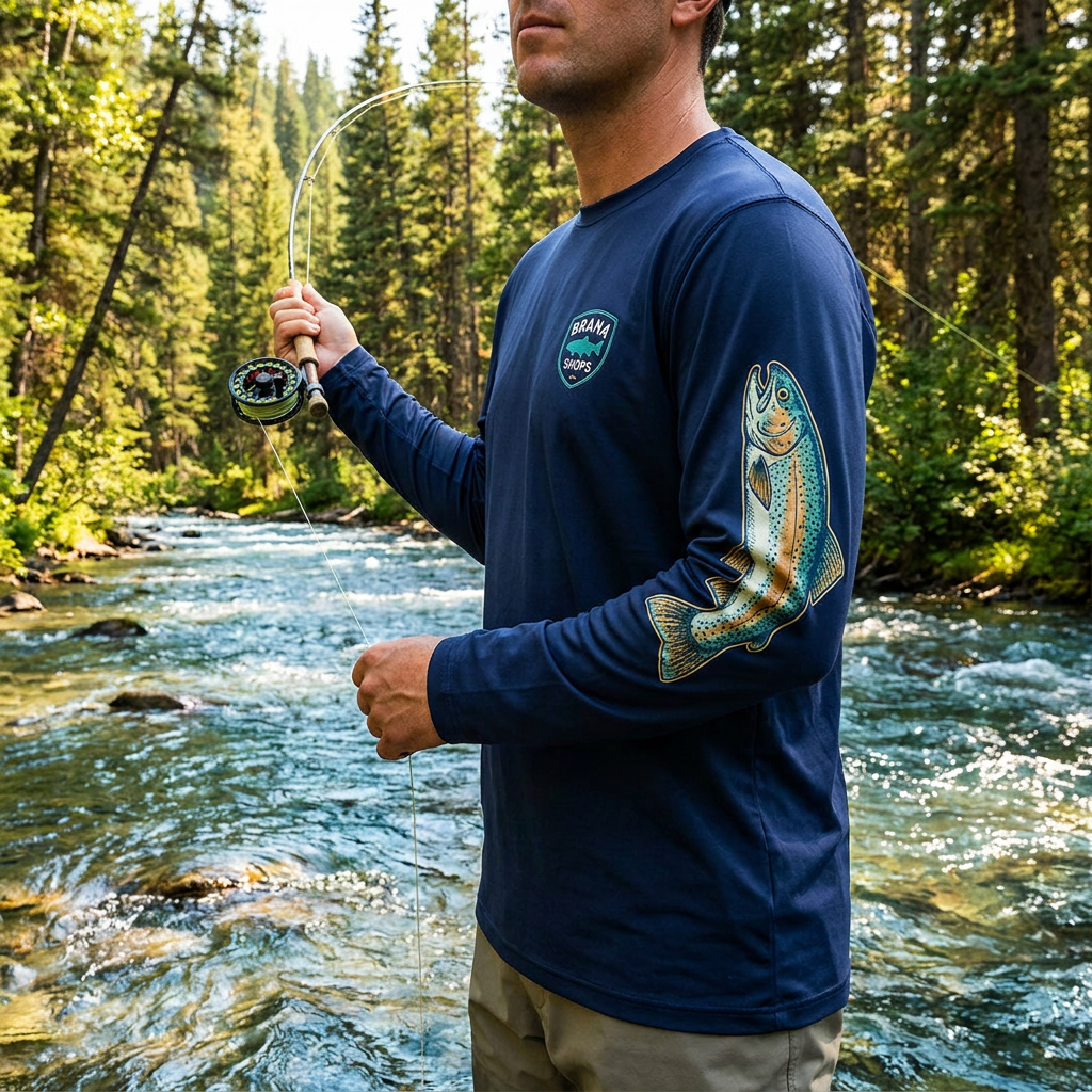 Brana Shops Trout Long Sleeve Tee — lifestyle mockup in mountain stream