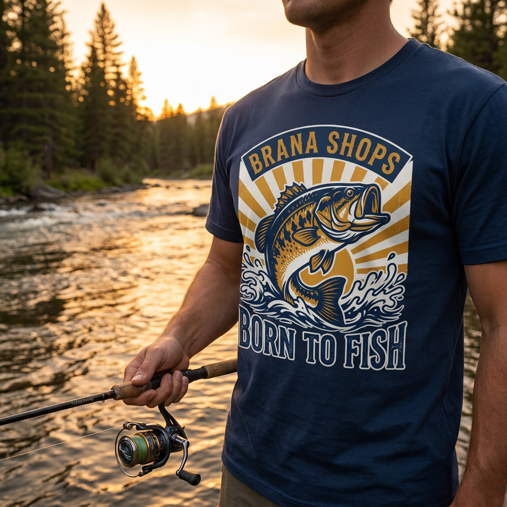 Brana Shops Born to Fish tee worn by angler at golden hour river
