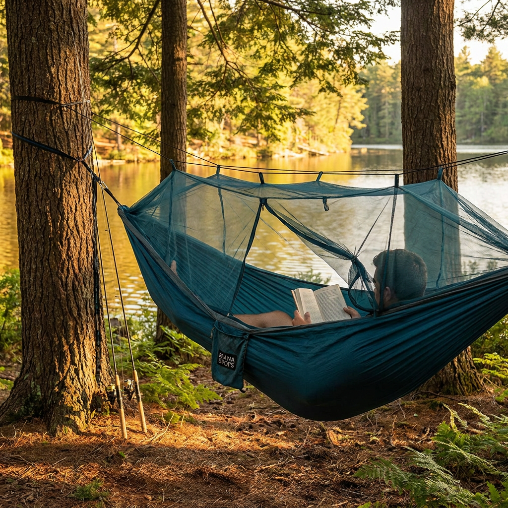 Brana Shops Camping Hammock with Mosquito Net — lifestyle mockup at lakeside campsite