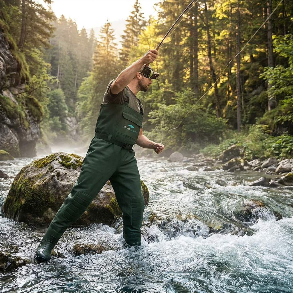 Brana Shops Fishing Waders with Boots — lifestyle mockup in mountain river