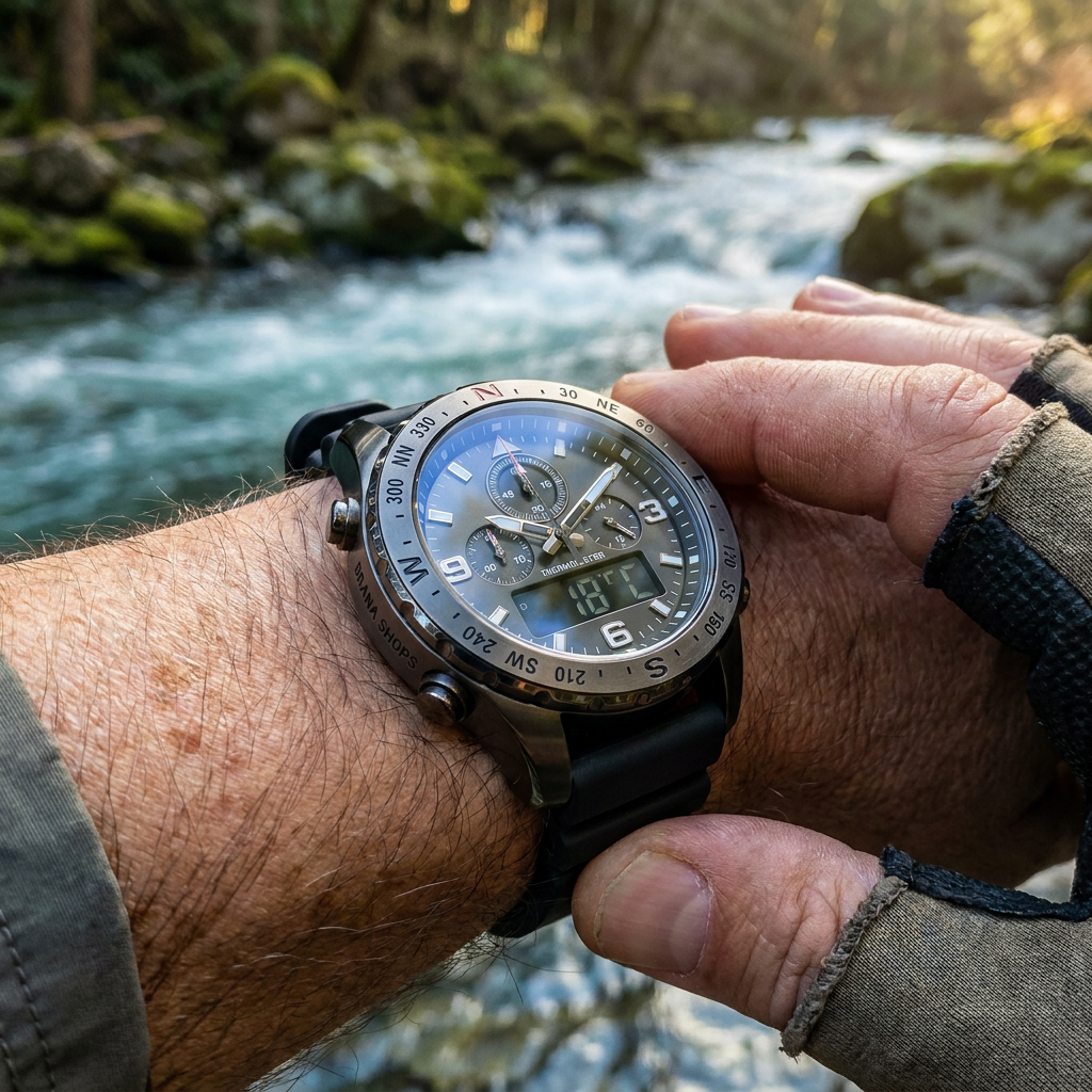 Brana Shops Survival Watch with Compass — lifestyle mockup wrist shot at river