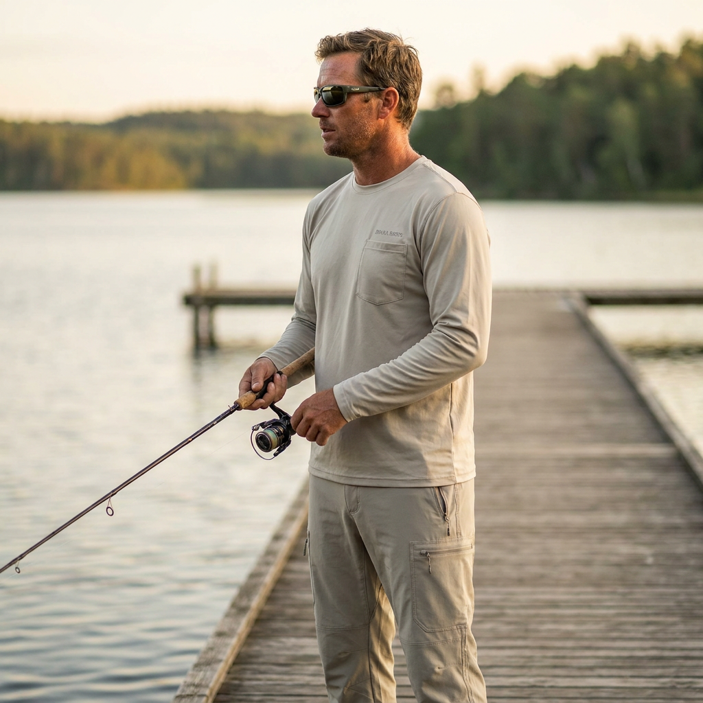 Brana Shops Sun Protection Shirt & Trousers Set — lifestyle mockup on pier