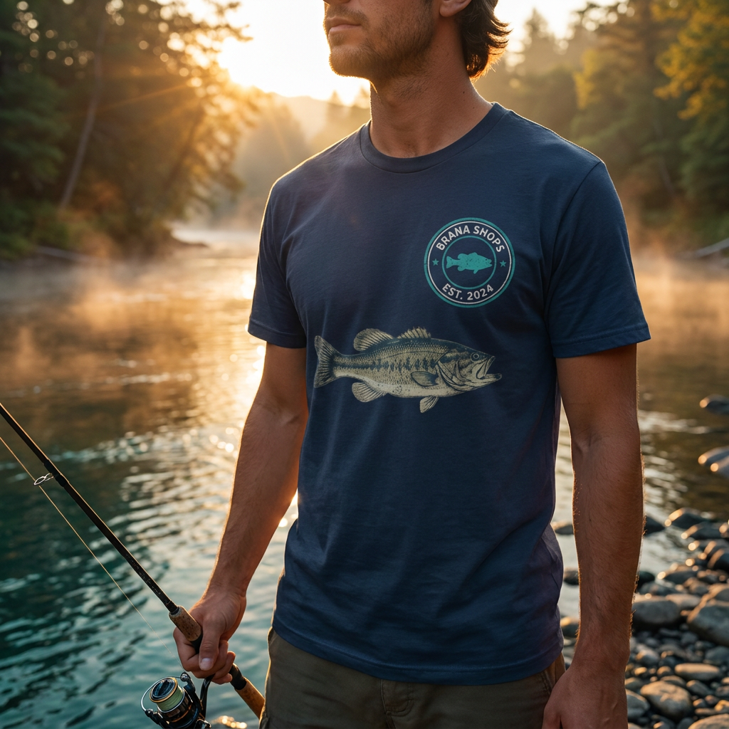 Brana Shops Born to Fish tee — lifestyle mockup at golden hour river