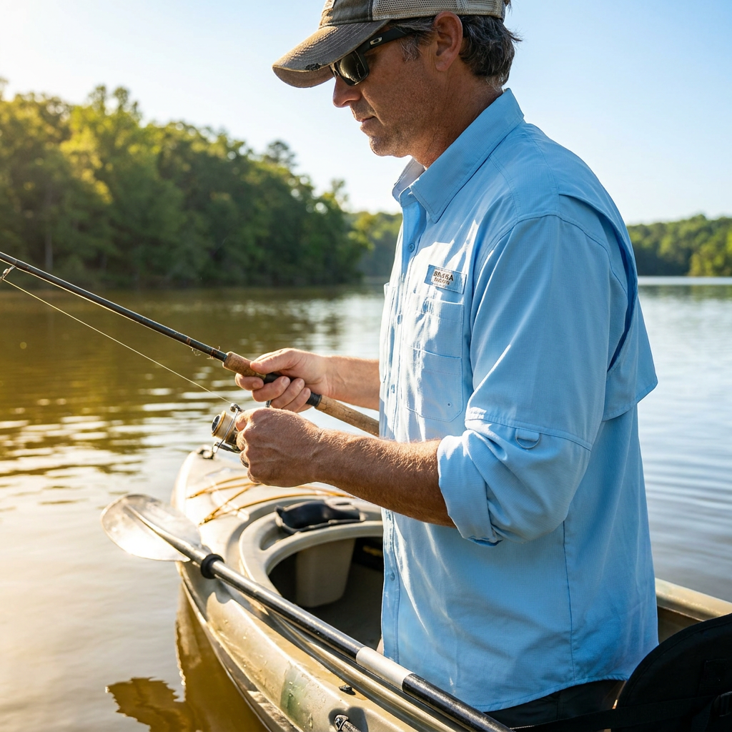 Brana Shops UPF 50 Sun Protection Shirt — lifestyle mockup on kayak