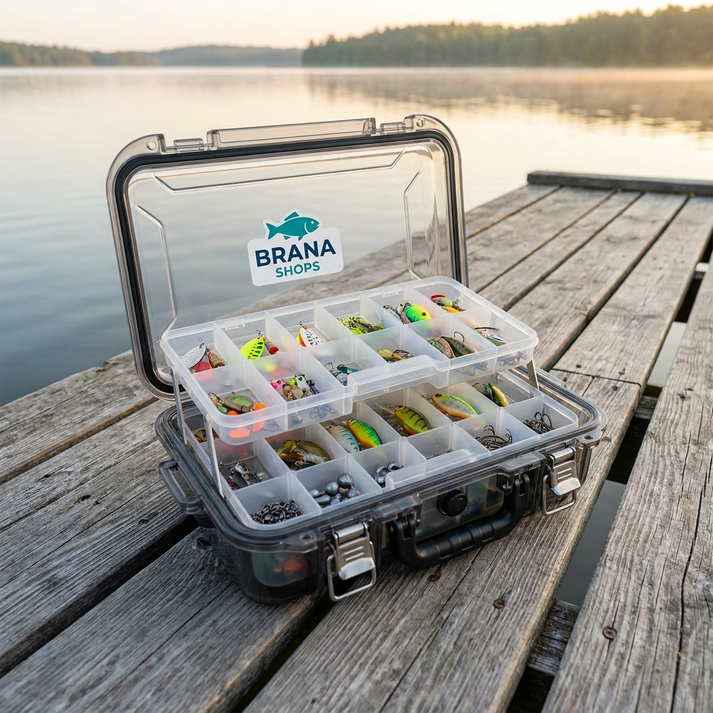 Brana Shops Waterproof Tackle Storage Box — lifestyle mockup on dock