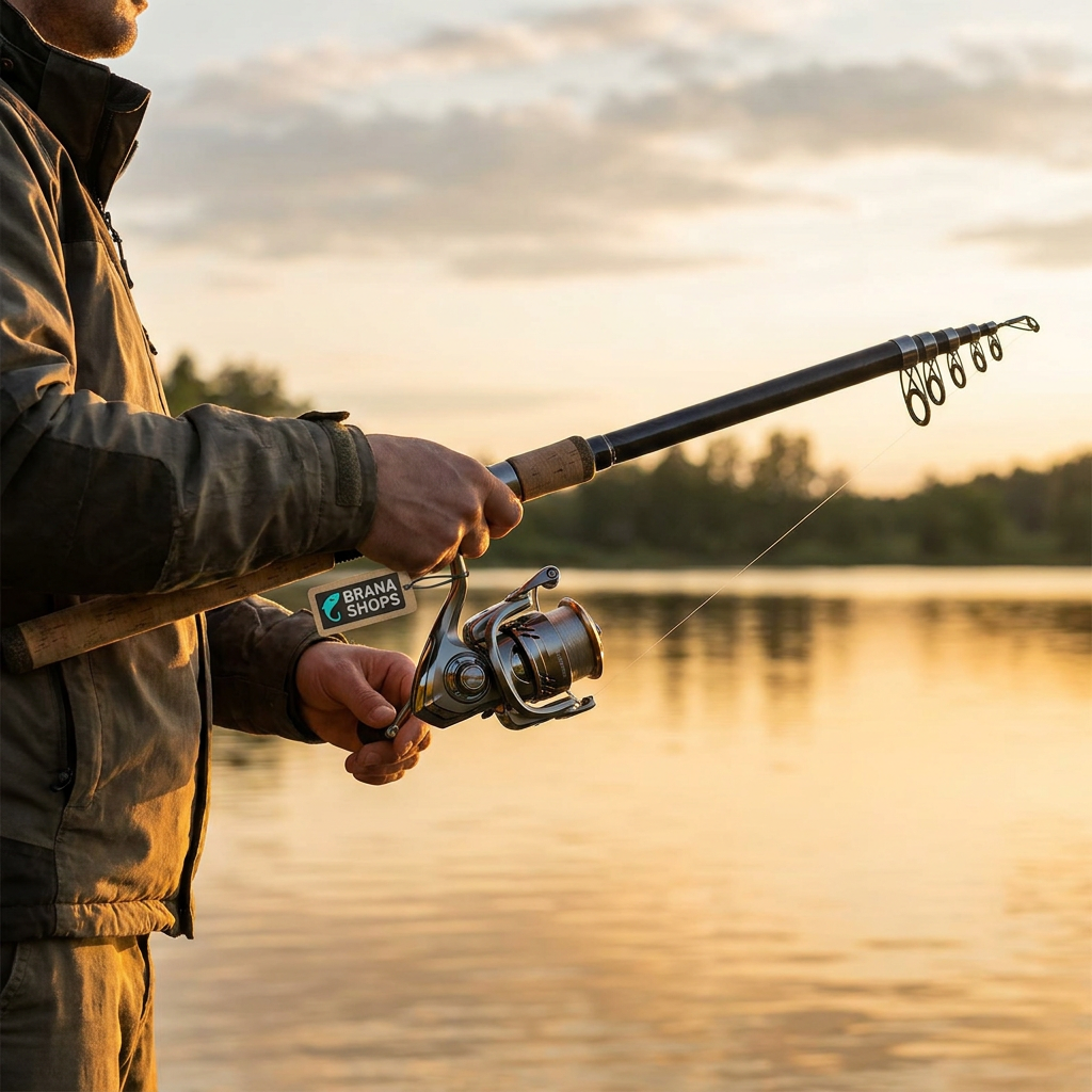 Brana Shops IM6 Carbon Fiber Rod & Reel — lifestyle mockup at lake golden hour