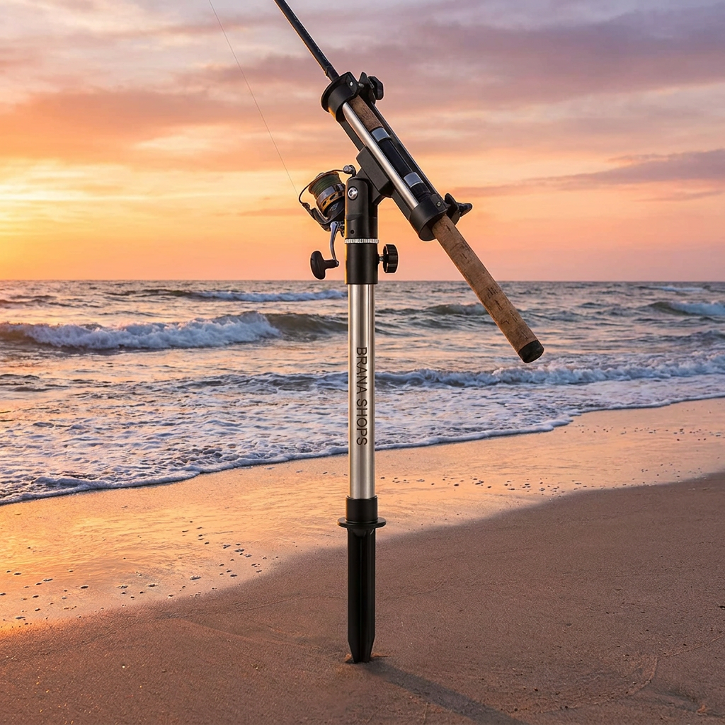 Brana Shops 360 Rod Holder Stand — lifestyle mockup on beach sunset
