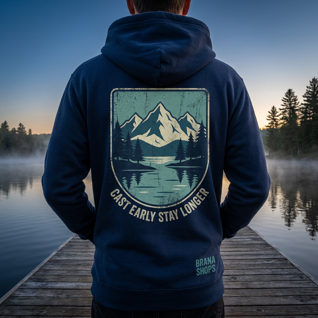 Brana Shops Cast Early Stay Longer hoodie — lifestyle mockup at dawn dock