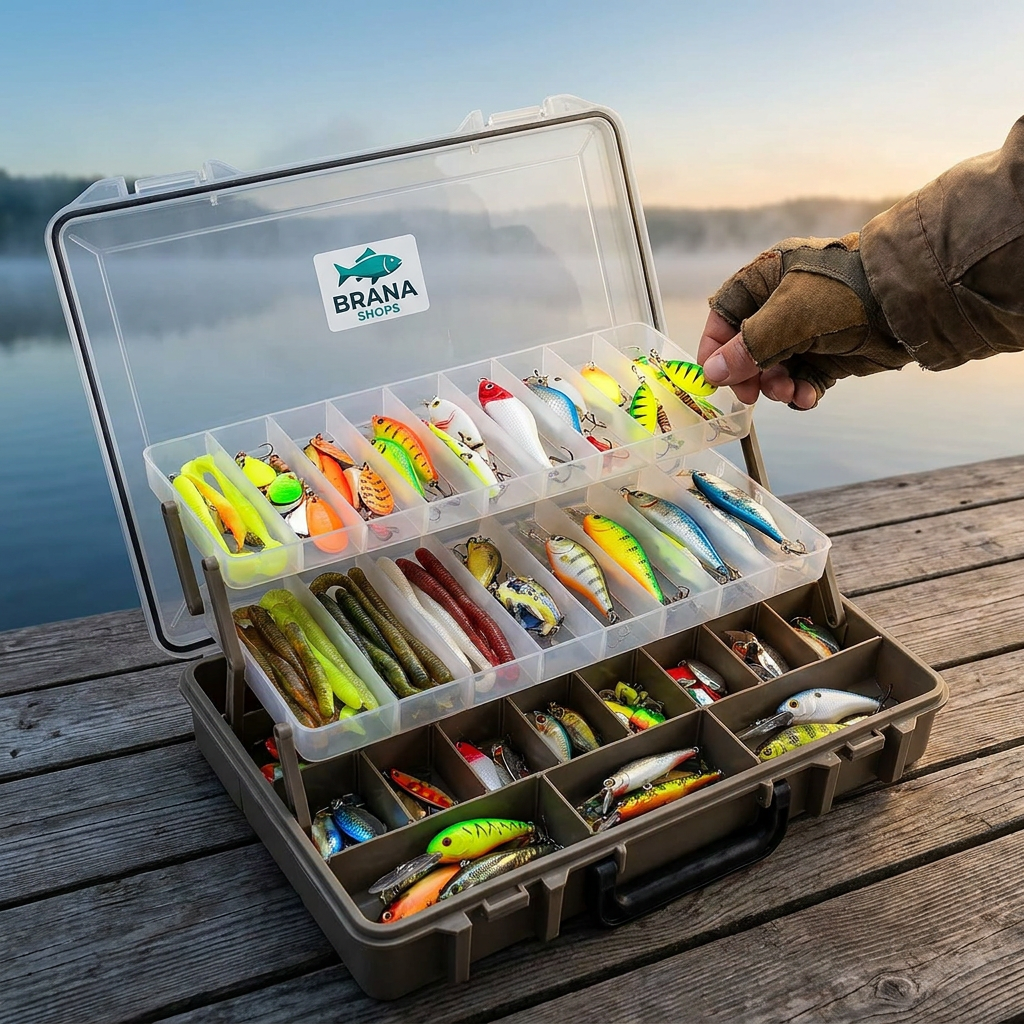 Brana Shops 132-Piece Fishing Lures Kit — lifestyle mockup on dock