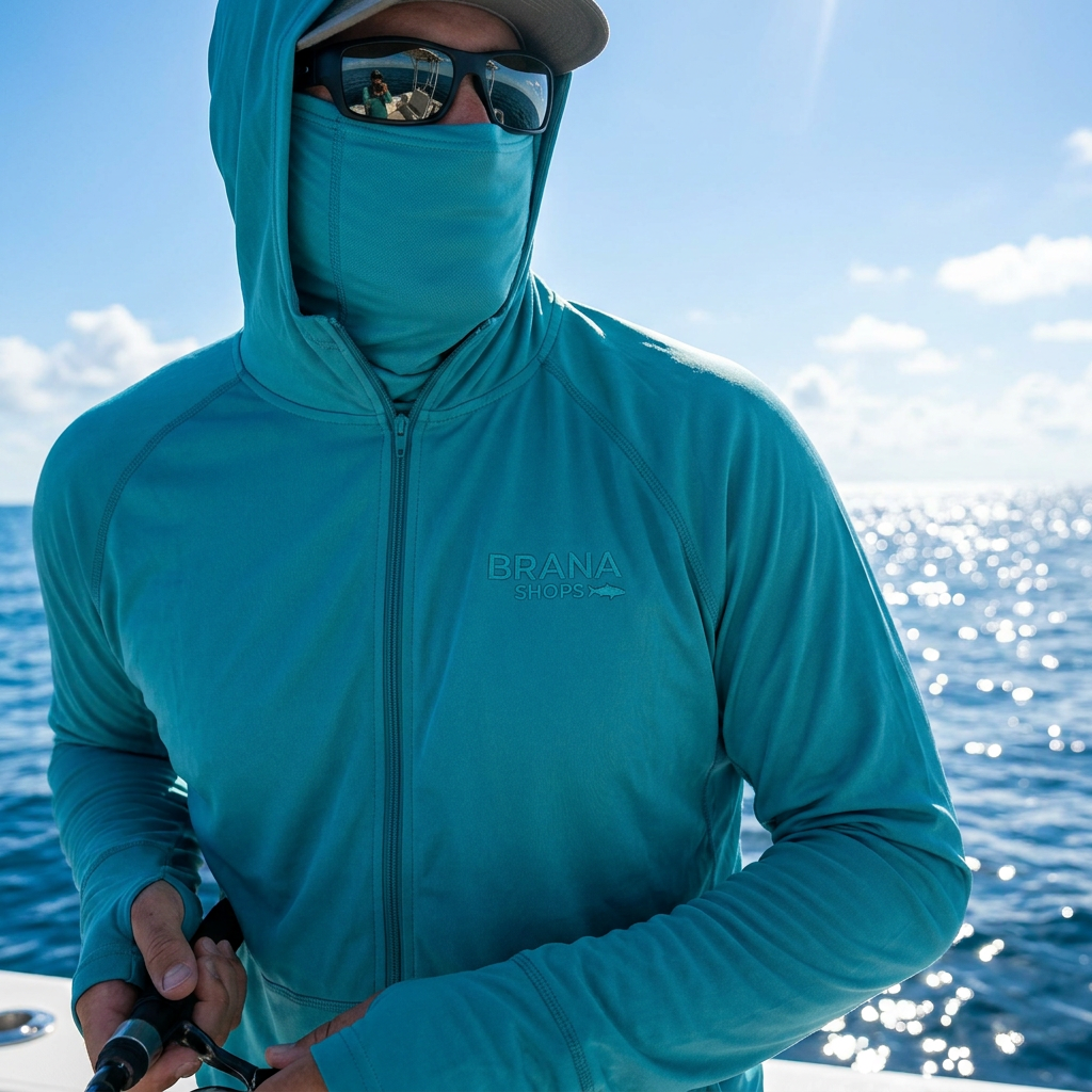 Brana Shops UV Protection Fishing Hoodie — lifestyle mockup on open water