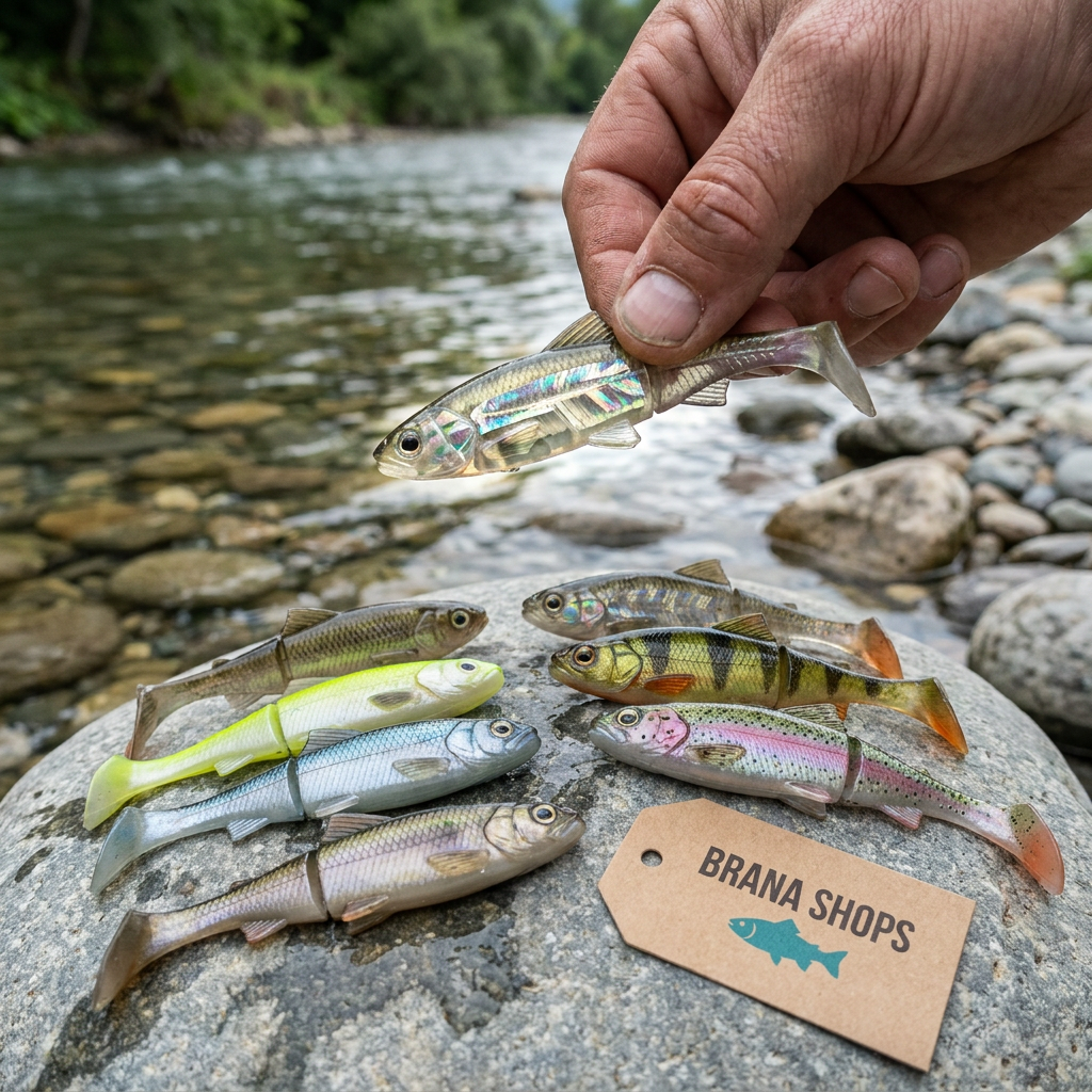 Brana Shops Bionic Soft Bait Lure Set — lifestyle mockup on river rock