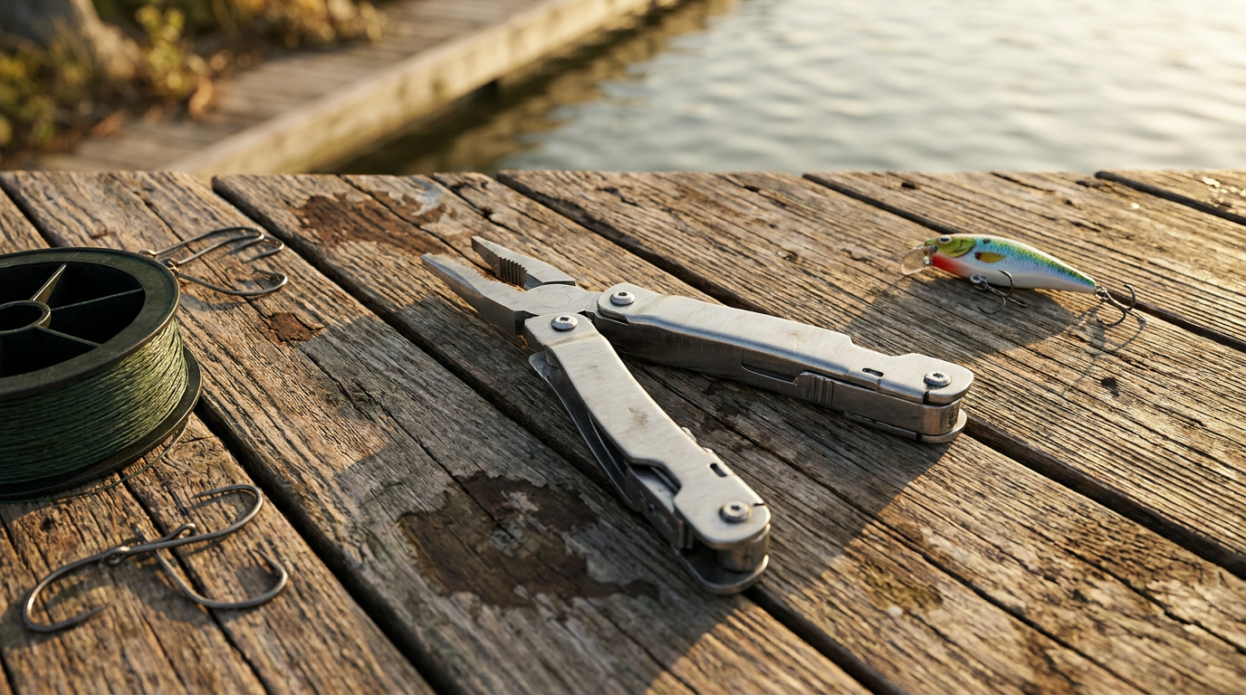 Fishing pliers and multi-tool on weathered dock with hooks and line