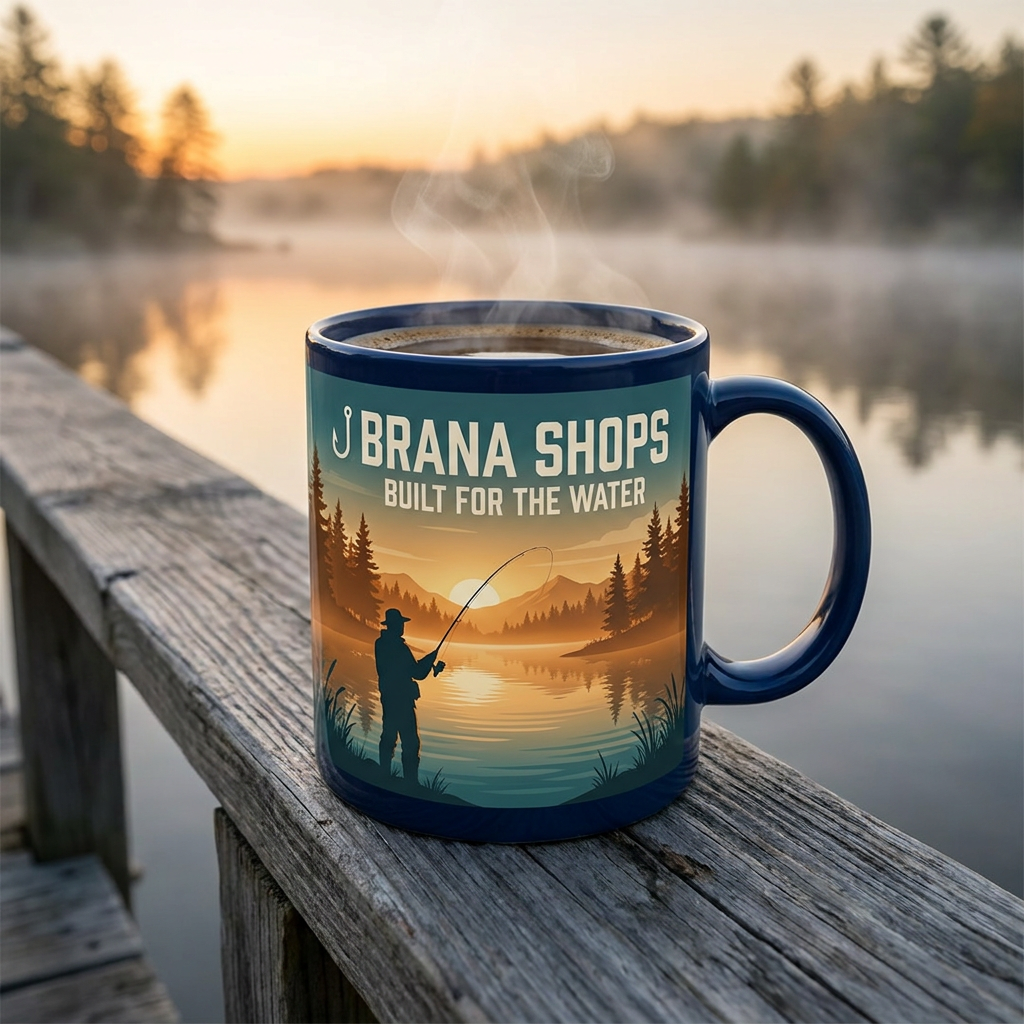 Brana Shops Built for the Water mug — lifestyle mockup on dock at dawn