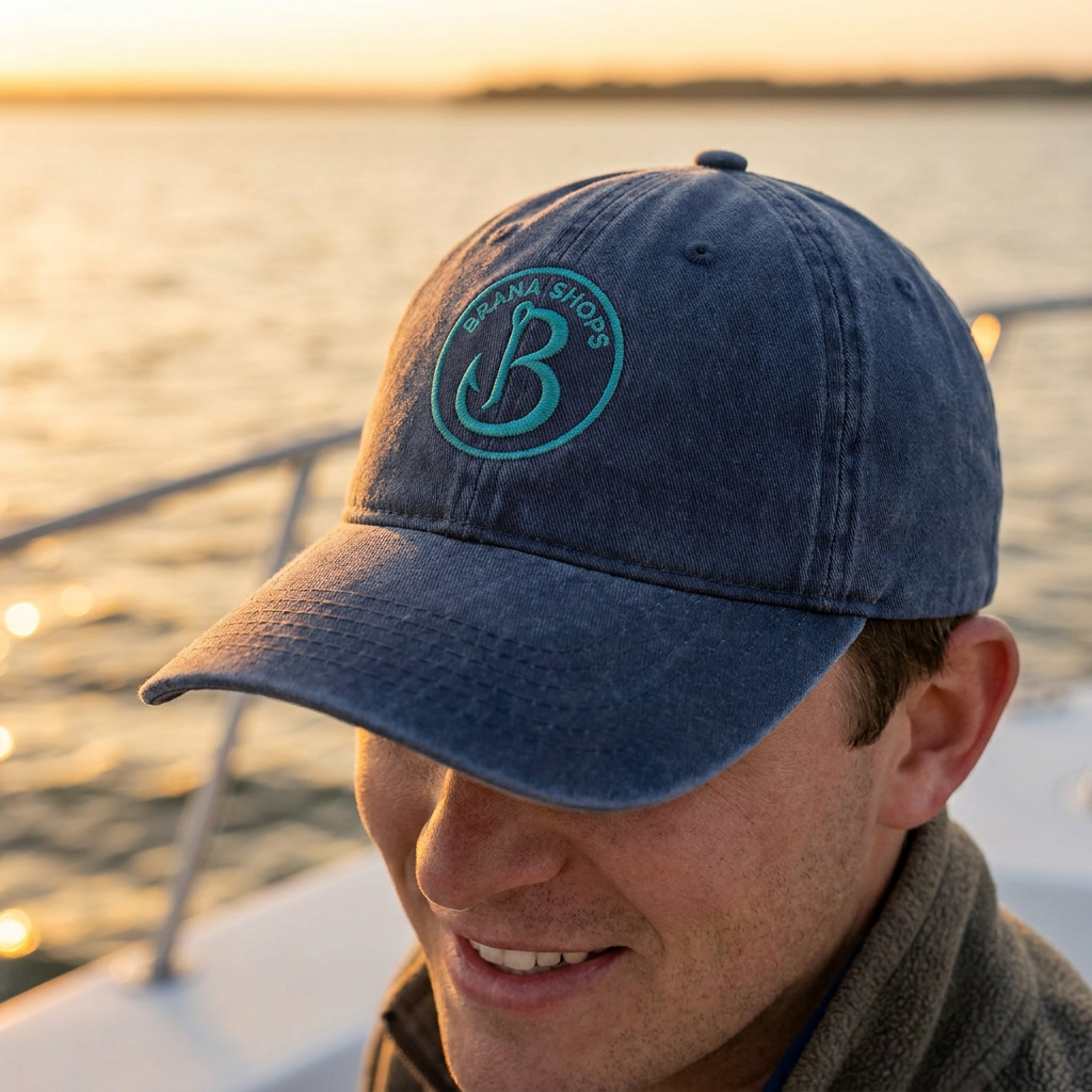 Brana Shops Hook-B Classic Dad Hat — lifestyle mockup on fishing boat