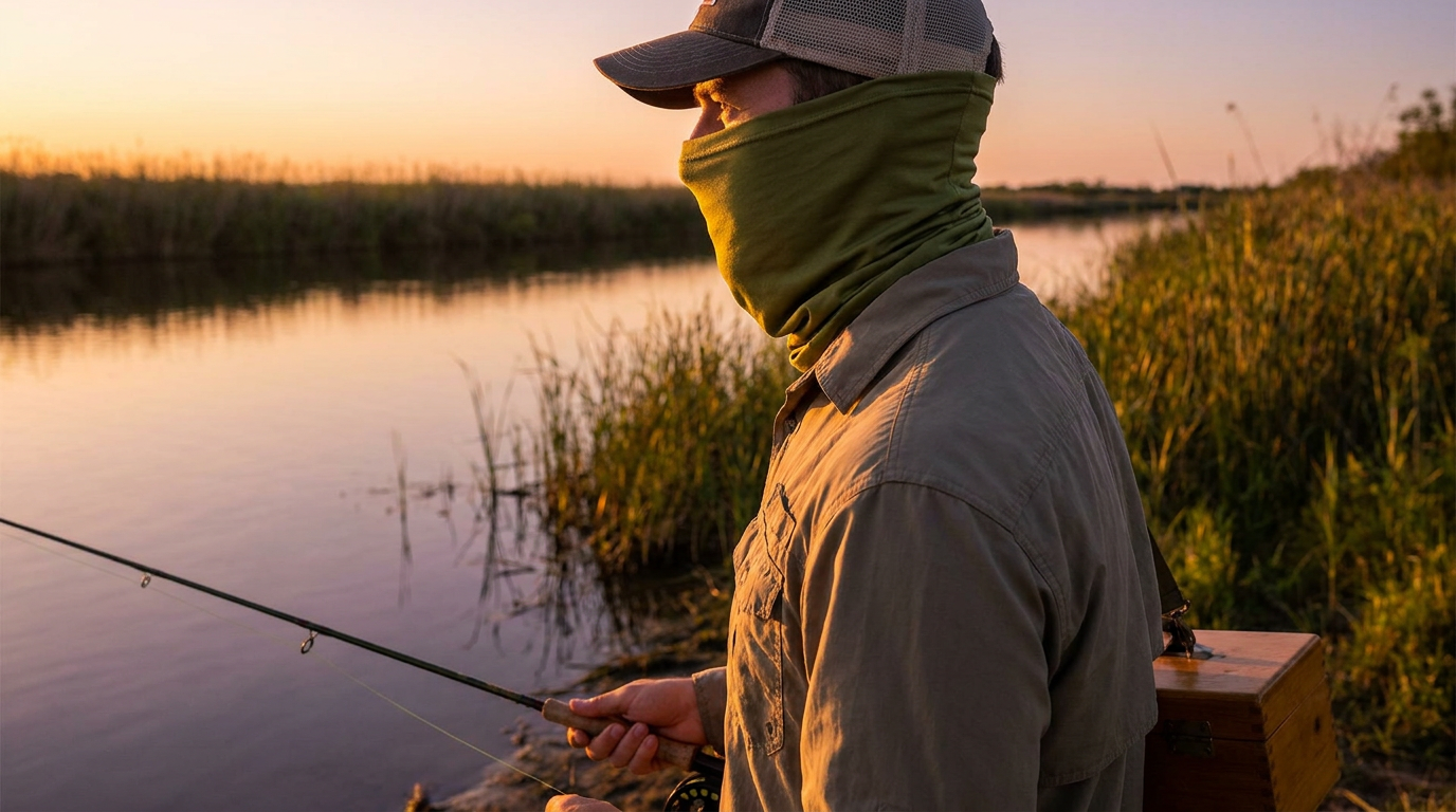 UV fishing buff worn outdoors near water — olive green neck gaiter and face shield