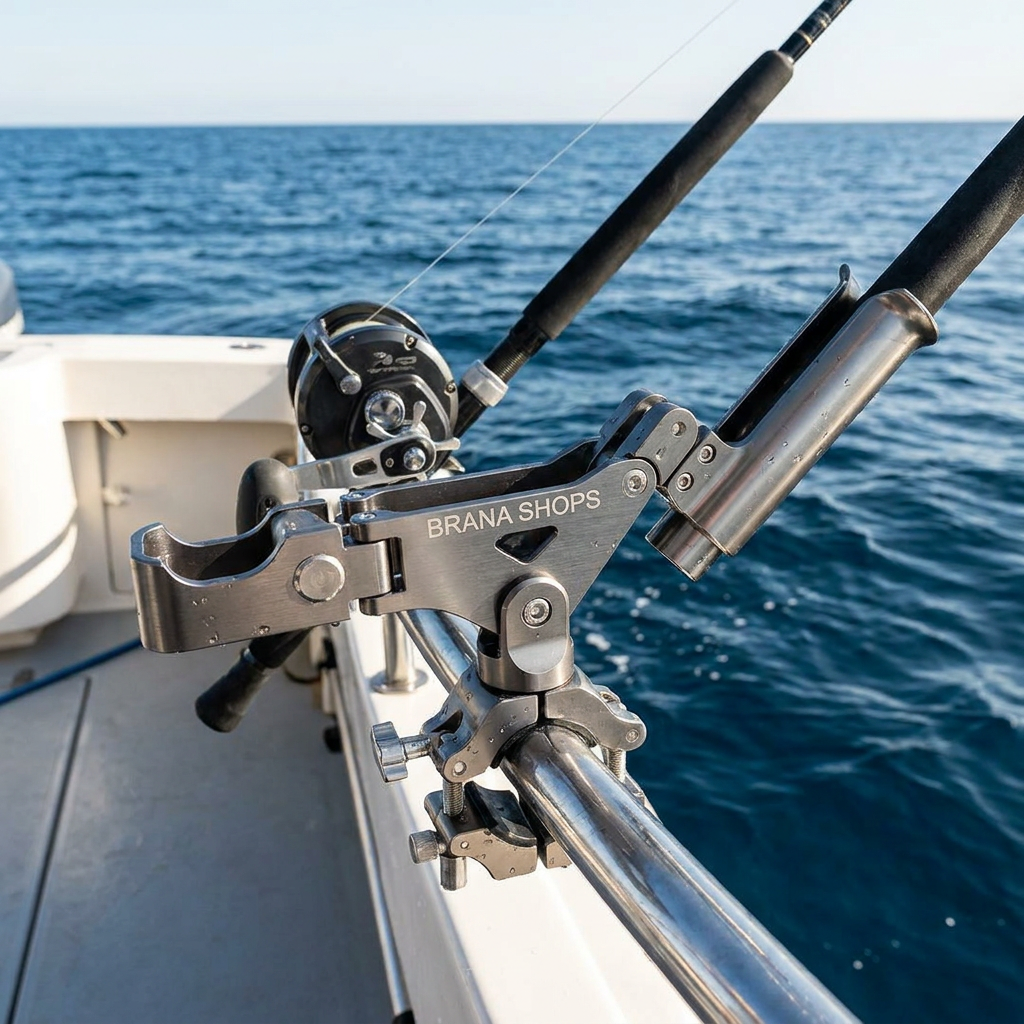 Brana Shops Aluminum Rod Stem Bracket — lifestyle mockup on boat